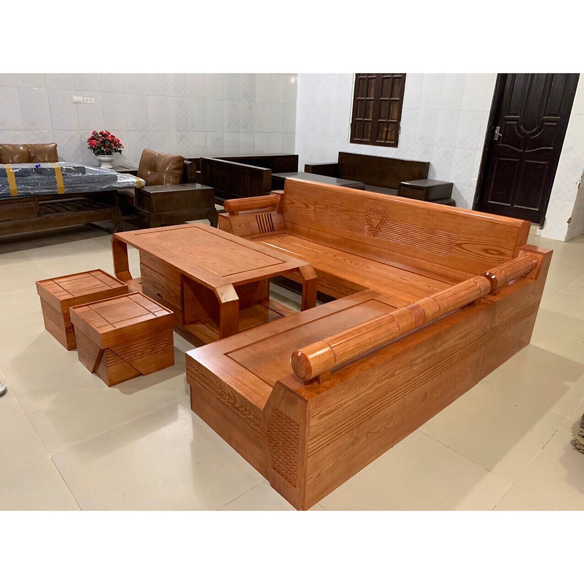 Bộ sofa góc L Tundo 2m3 x 2m gỗ sồi mẫu kim cương