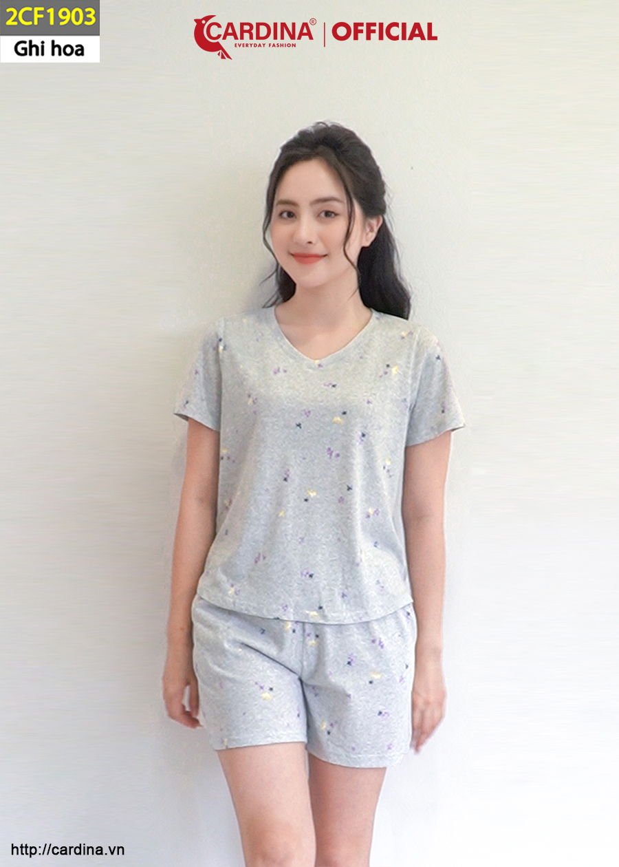Đồ Bộ Nữ CARDINA Chất Cotton Organic Quần Đùi Áo Cộc Tay Co Giãn Họa Tiết 2CF19