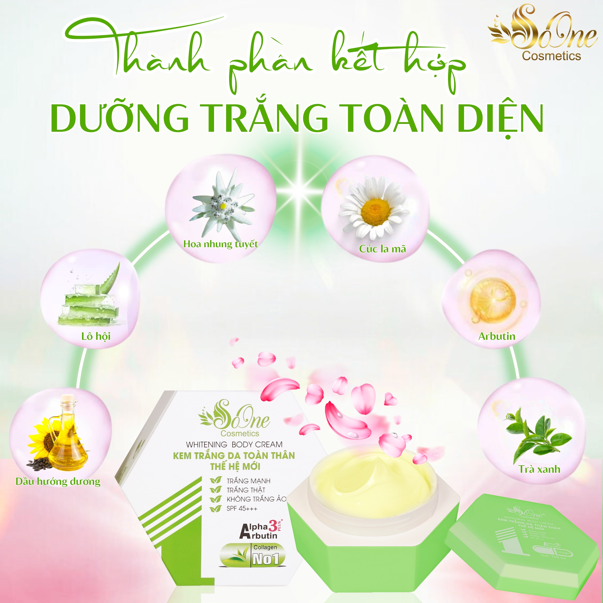 Kem Body SoOne Dưỡng Trắng Da Toàn Thân Thế Hệ Mới Hộp Màu Xanh Lá 150ml