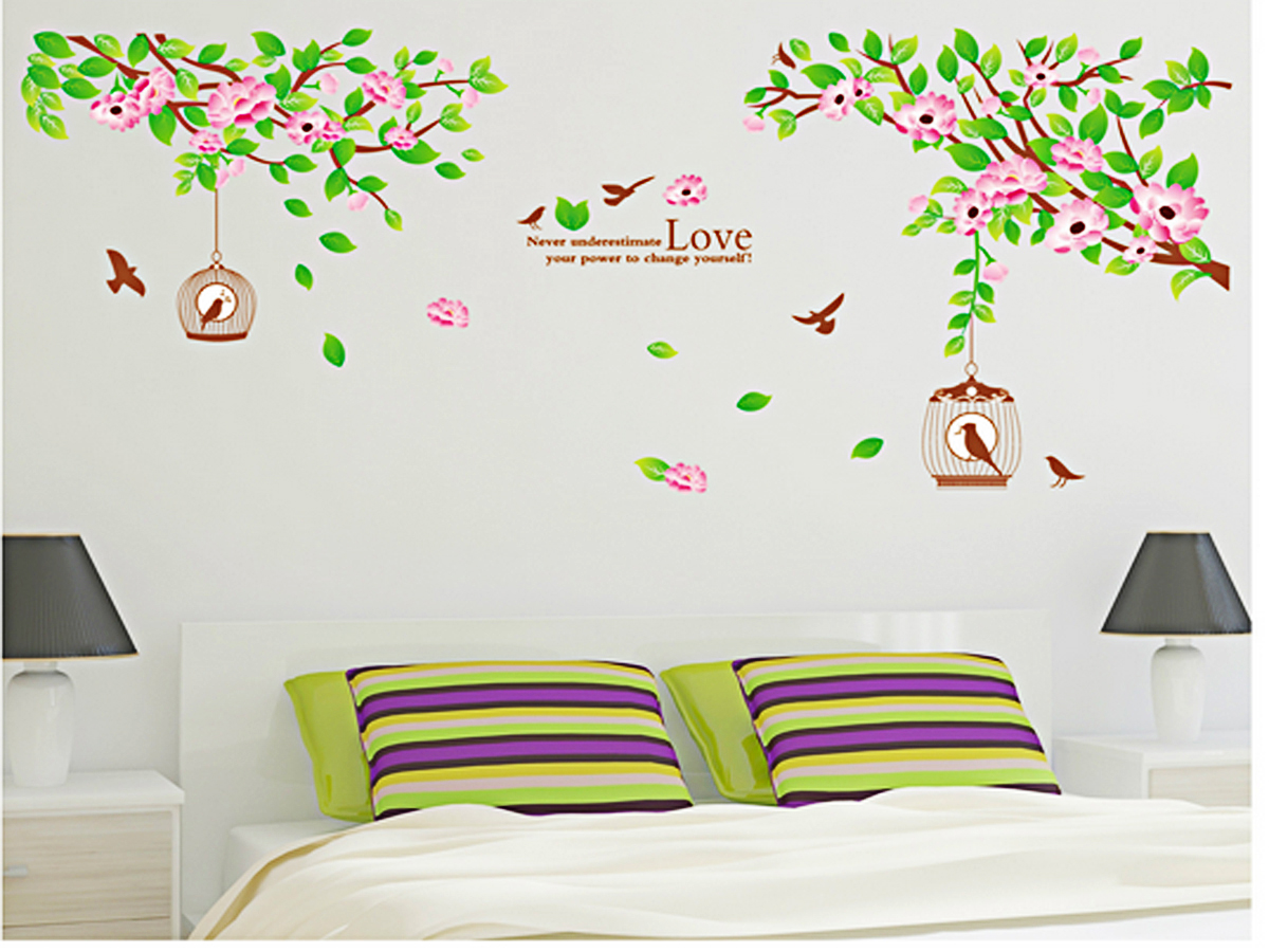 Decal dán tường cây hoa và lồng chim chữ love