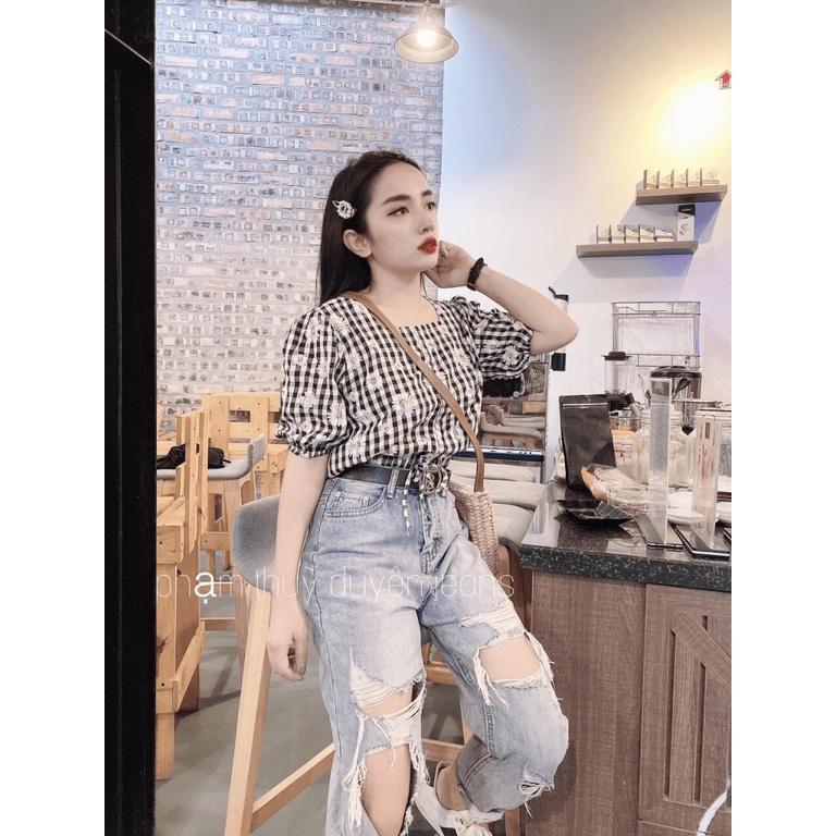 ĐẦM SUÔNG NỮ CARO PHỐI NÚT DỌC