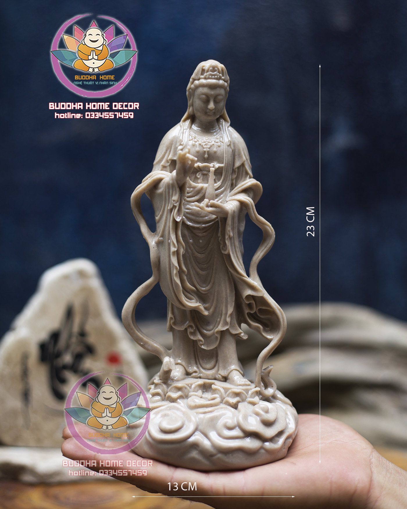 Tôn Tượng Quán Âm Bồ Tát Đá Sỏi Cao 23cm Thờ Cúng Phong Thủy