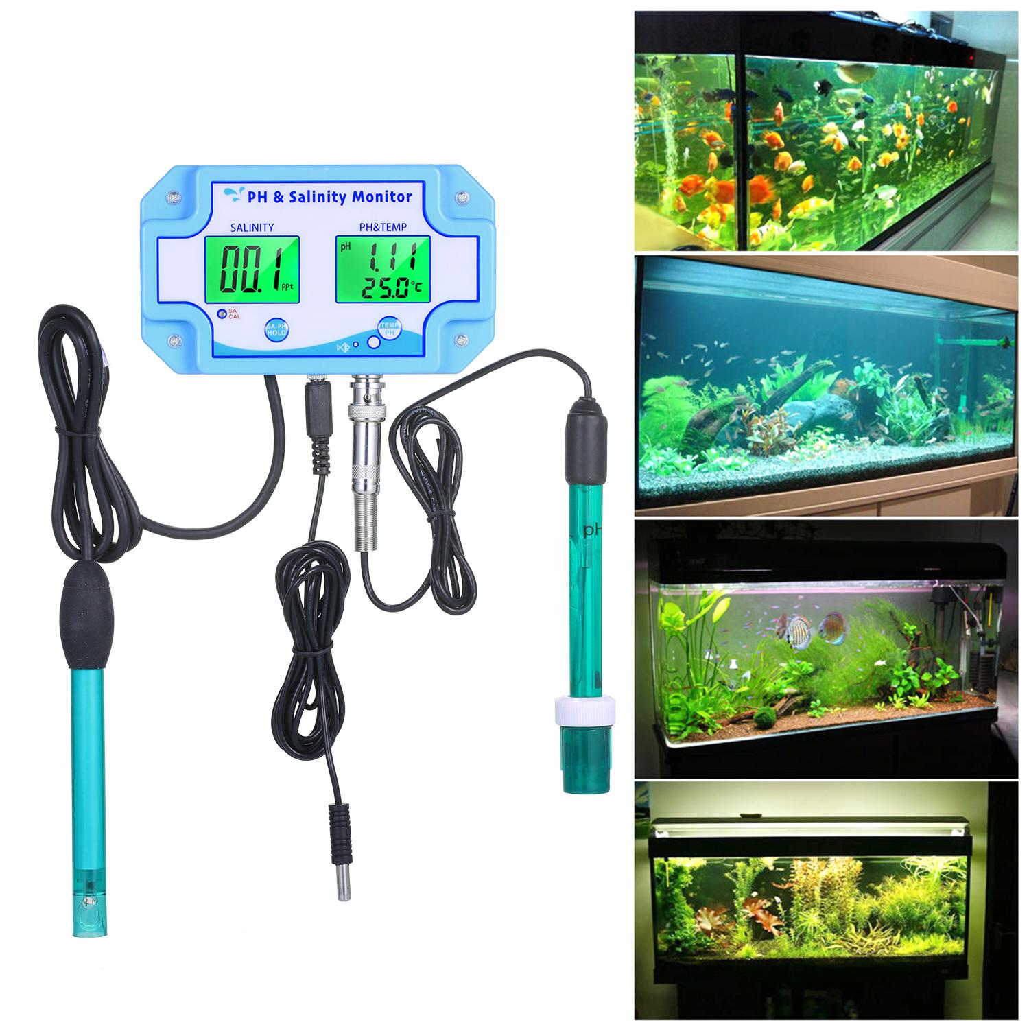 3-in-1 PH/Salinity/TEMP Water Quality Monitor Multi-functional pH & Salinity Monitor Temperature Meter Dual LCD Display