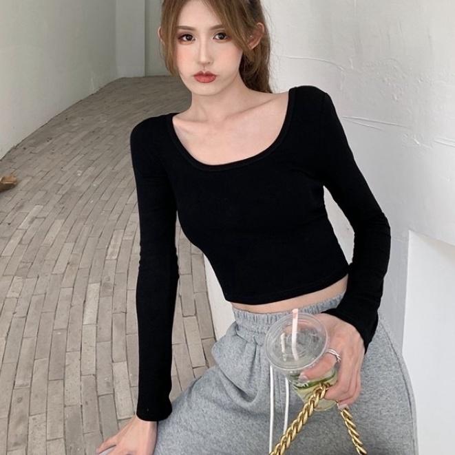 Áo thun nữ croptop len tăm dài tay cổ rộng trẻ trung năng động phong cách Hàn Quốc