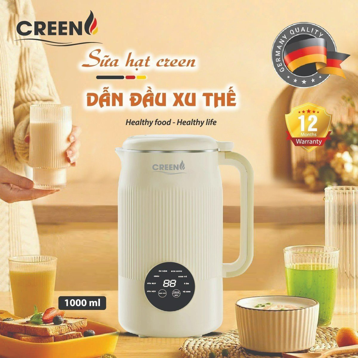 Máy làm sữa hạt mini CREEN CR-1000, dung tích 1L, 8 chức năng xay nấu, nắp chống trào, màn hình cảm ứng - Hàng chính hãng