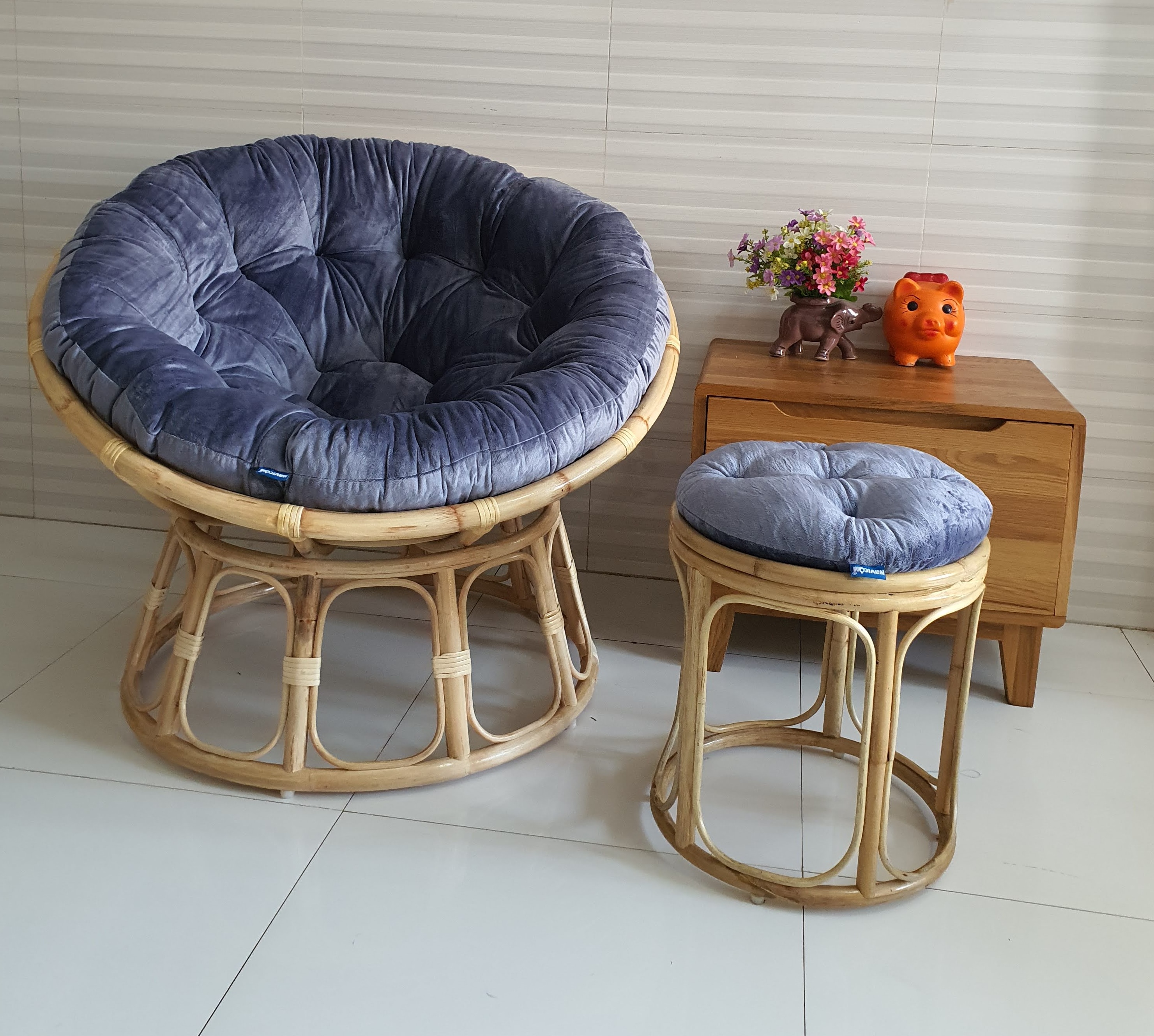 Bộ ghế thư giãn papasan + đôn nhỏ ( vải nhung xám)