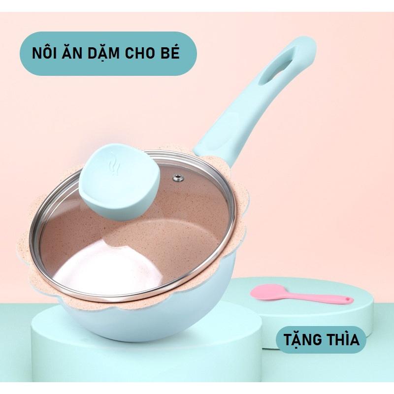 Bộ Nồi Chảo Ăn Dặm Cho Bé, Chảo Men Đá 12 Cánh Chống Dính 16cm ( Tặng Kèm Xửng Hấp + Thìa )