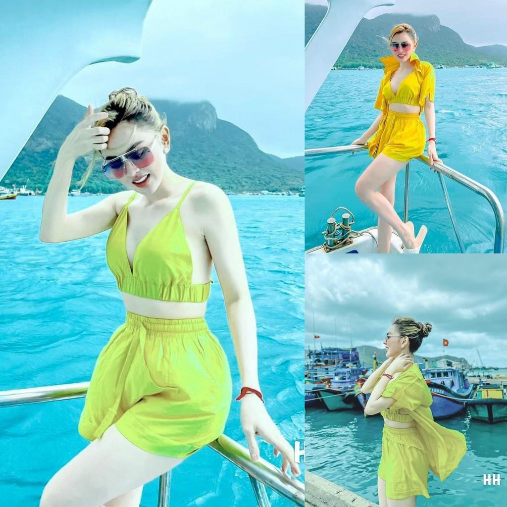 Set bộ 3 món croptop áo khoắc sơ mi phối quần đùi, màu sắc tươi xinh dạo phố, đi biển