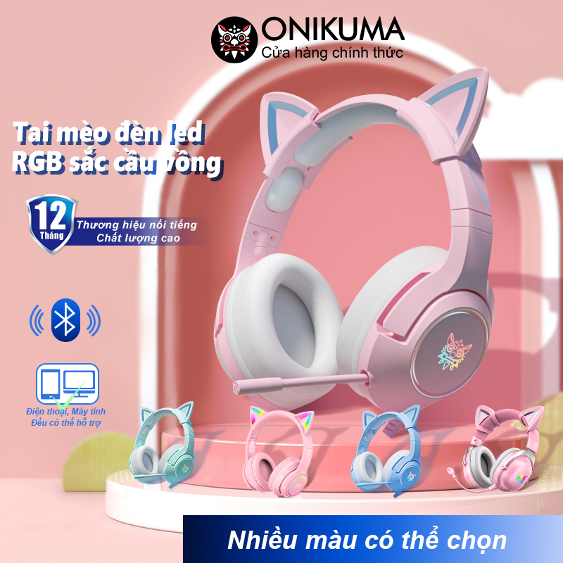 Tai nghe gaming chụp tai chơi game bluetooth tay mèo hồng ONIKUMA K9 có mic RGB PC Điện thoại Laptop Headphone không dây