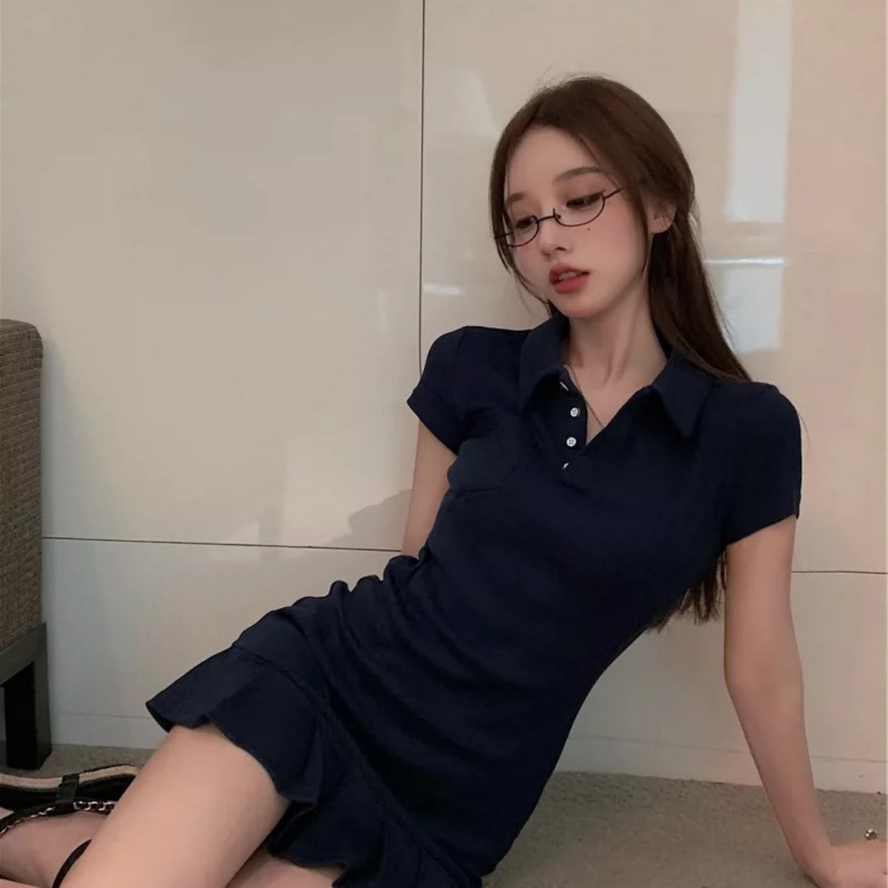 Đầm Body Cổ Polo Xếp Li Ngắn Tay Phối Túi Phong Cách Hàn Quốc