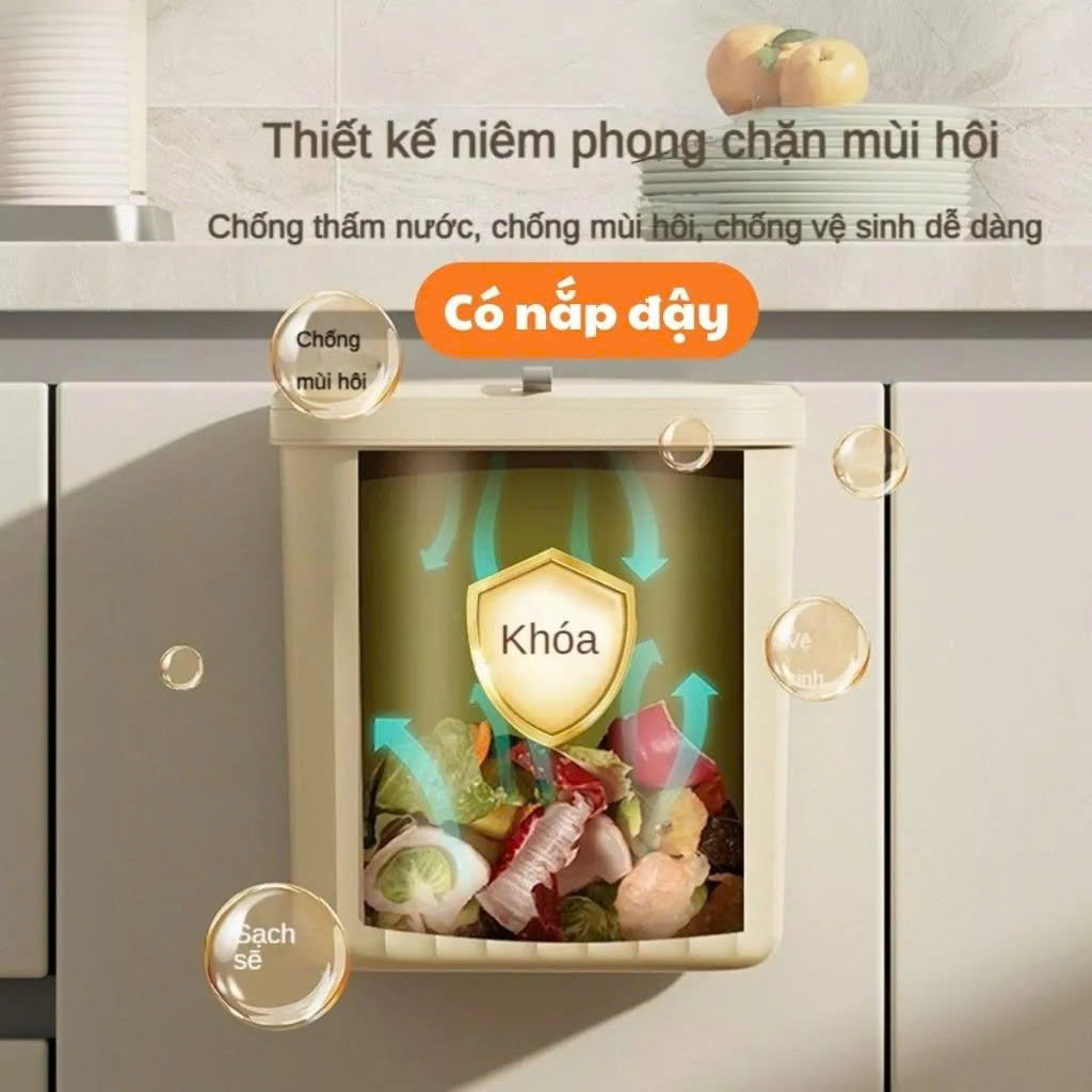 Thùng rác treo tủ bếp có nắp đậy thông minh, thùng rác treo tường dán tường, có thanh trượt cửa bếp