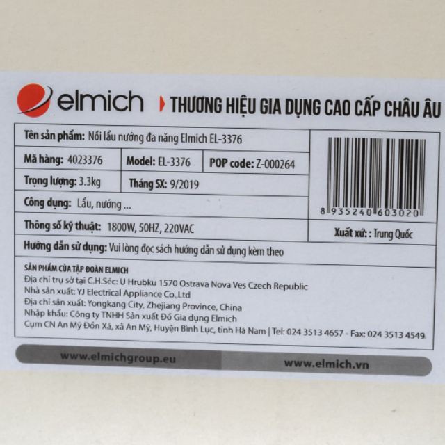 Nồi lẩu nướng đa năng 1.8 lít 1800W Elmich EL-3376 - Hàng chính hãng