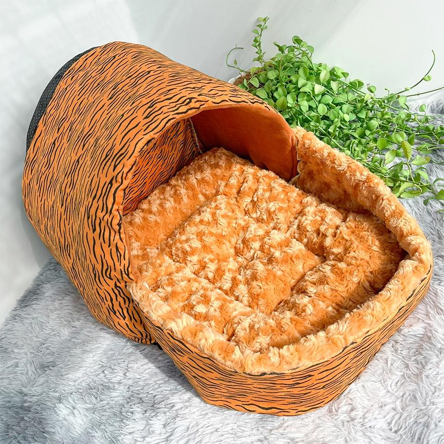 Nệm vòm cho chó mèo thú cưng 40x50cm màu da beo có mái che giữ ấm tốt cực êm