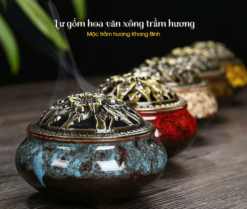 Lư gốm sứ Hoa Văn Xông đốt nụ vân mây nhang Trầm Hương kèm đế lót bông - Mộc Trầm Hương Khang Bình