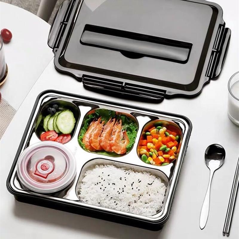 Khay Đựng Cơm Văn Phòng Inox 5 Ngăn Cao Cấp Có Nắp Đậy + Tặng Kèm Bộ Đũa Thìa Và Bát Sứ - Loại Tốt