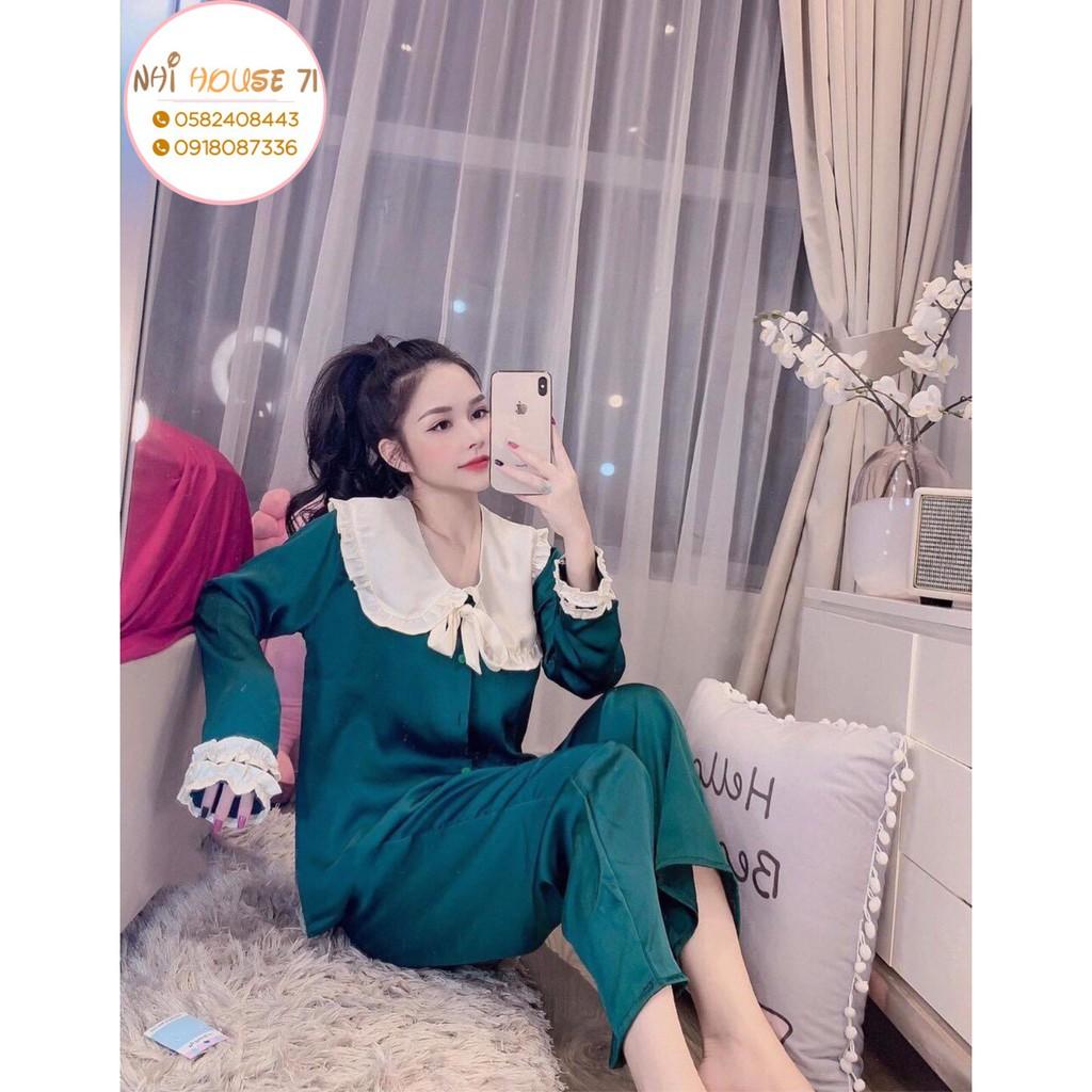 Bộ lụa Pijama - Bộ Quần Dài Tay Dài Lụa Satin Tiểu Thư Cổ Phối Bèo Nơ Freesize 45-65kg