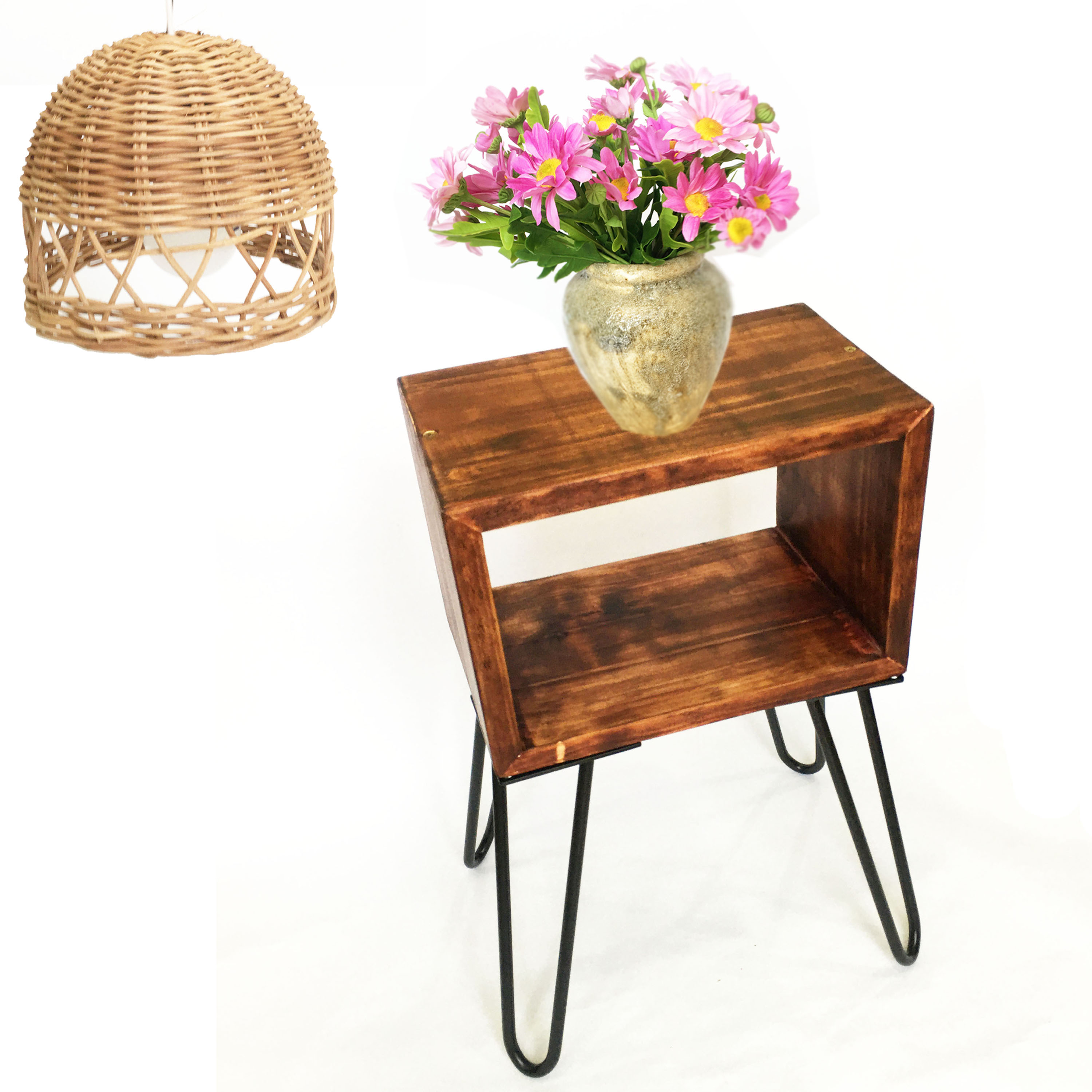 Bàn gỗ thông D30xR20xC50cm, 4 chân sắt làm bàn kê đầu giường decor bàn trà