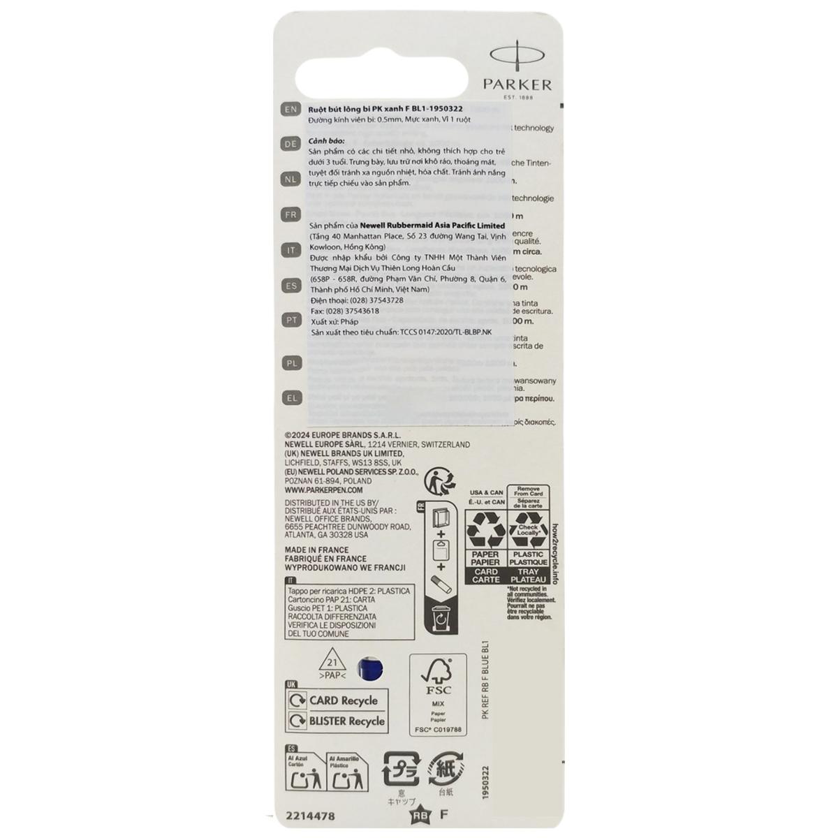 Ruột Bút Lông Bi F BL1 0.5 mm - Parker 1950322 - Mực Xanh