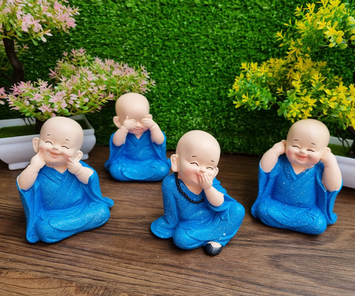 Bộ 04 chú tiểu Tứ Không áo màu xanh dương 10cm - tặng kèm túi 50 xu vàng mini may mắn