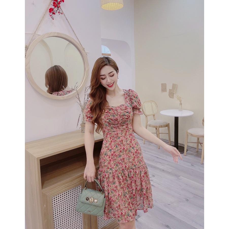 Váy voan hoa cổ vuông siêu xinh – đầm dự tiệc 2 lớp mẫu thiết kế VHV101