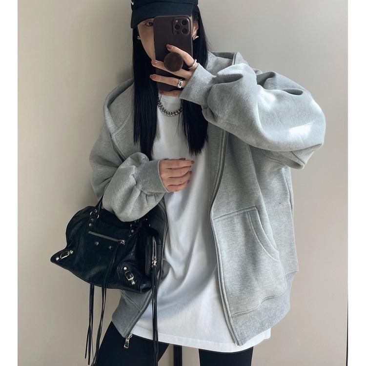 ÁO KHOÁC HOODIE NỮ VẢI NỈ FORM RỘNG TAY PHỒNG MÀU XÁM TRƠN , ÁO KHOÁC KHÓA KÉO MÀU XÁM TRƠN