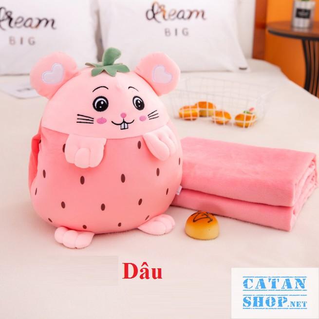 GỐI MỀN 3 trong 1 Trái Cây hình thú cute, thun 4 chiều siêu mịn, bộ chăn gối văn phòng