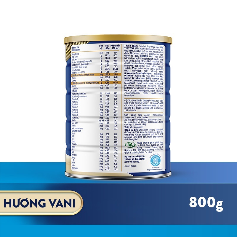 Sữa Bột Ensure Gold Abbott (HMB) 850g/800g Hương Vani Truyền Thống