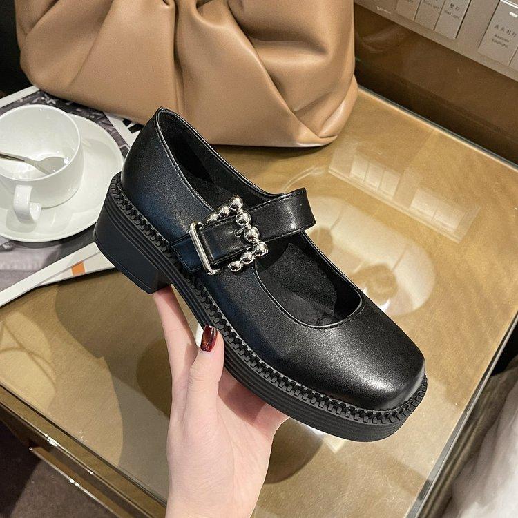 Giày Búp Bê Gót Cao Mũi Tròn Màu Trơn Phối Khóa Xinh Xắn Thời Trang Cho Phụ Nữ