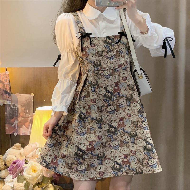 Váy nữ đầm vintage sang chảnh dáng ngắn họa tiết gấu kết hợp sơ mi dài tay Pasana0001v