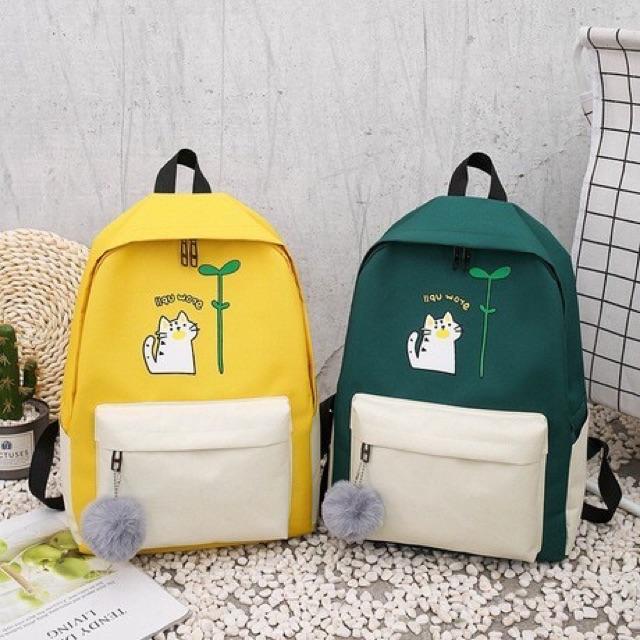 Balo nữ combo 4 món đi học thời trang sinh viên học sinh ba lô set cặp thời trang đựng laptop Balo Set 4 Món Chú Mèo Cây Mầm balo nữ vải