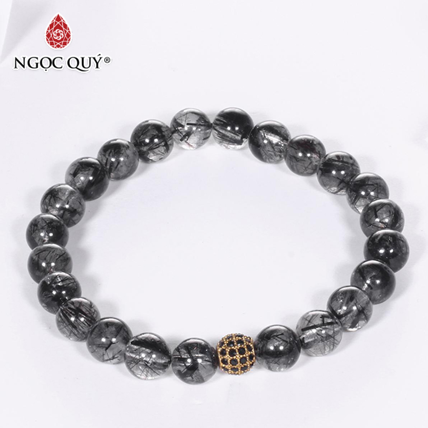 Vòng tay đá thạch anh tóc đen mix charm vàng gắn đá đen 6mm mệnh thủy, mộc - Ngọc Quý Gemstones