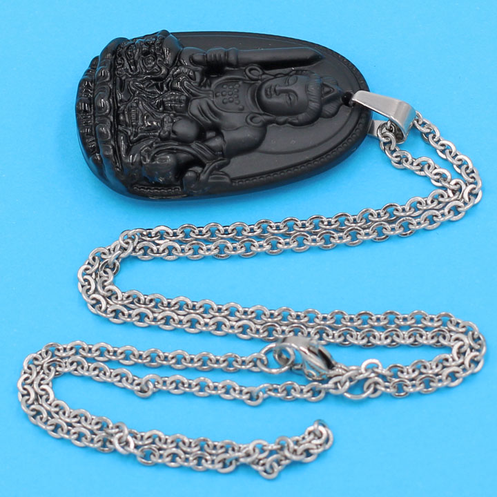 Vòng cổ phật Văn Thù Bồ Tát - thạch anh đen 3.6cm DITTEB3 - dây inox bạc - tuổi Mão