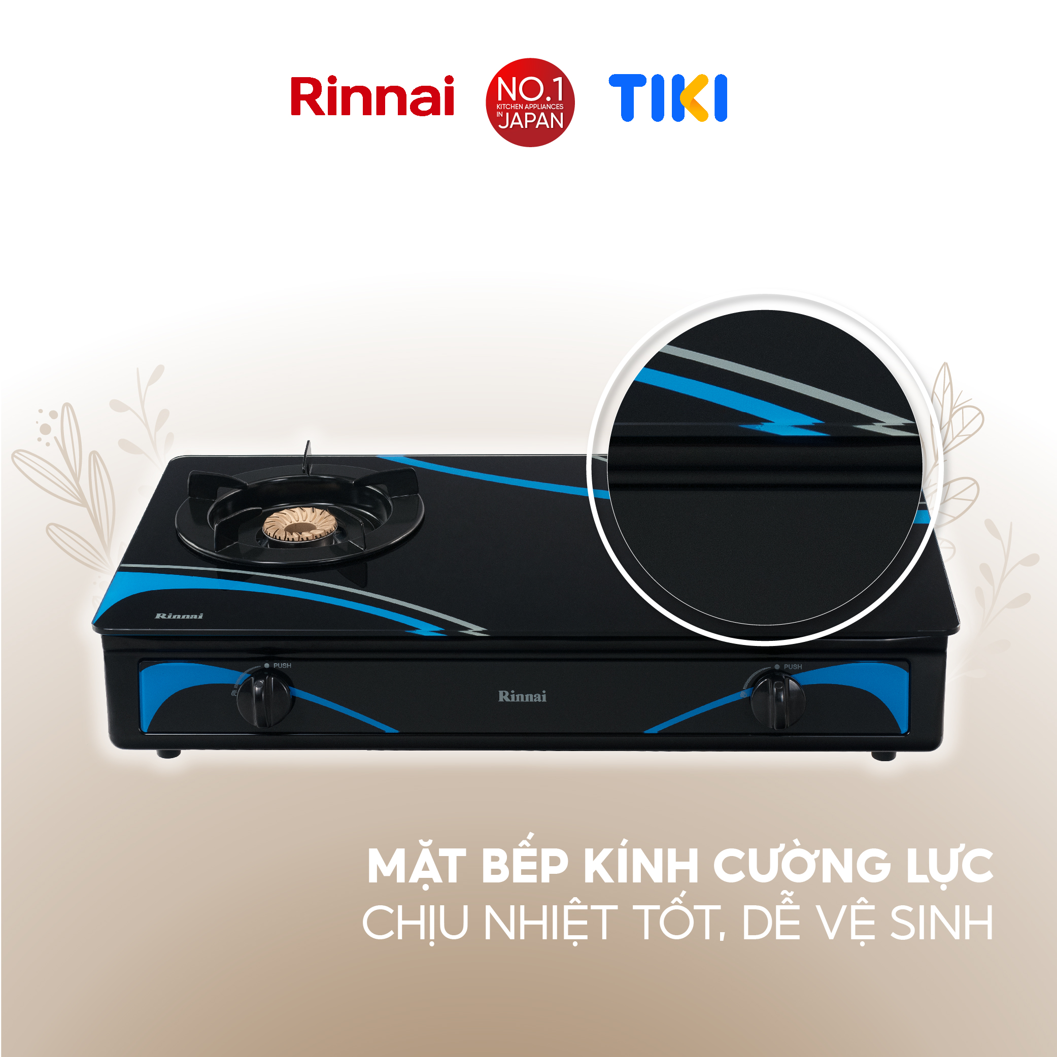 Bếp gas dương Rinnai RV-3715GL(BC) mặt bếp kính và kiềng bếp men - Hàng chính hãng.
