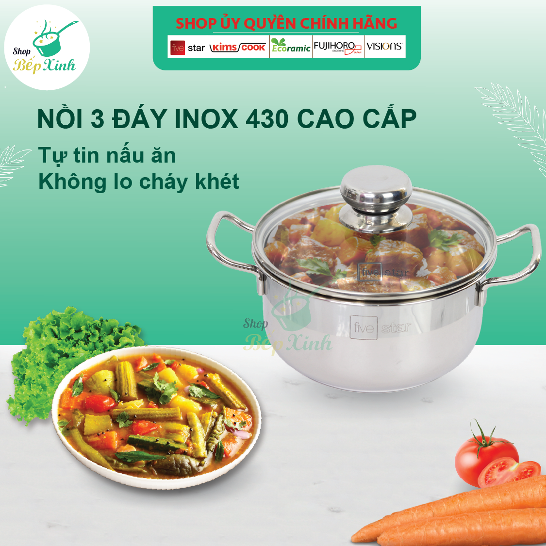 Nồi inox FiveStar Standard 3 đáy sandwich bếp từ nắp kính tặng 1 muỗng canh ( 16cm / 18cm / 20cm / 24cm )