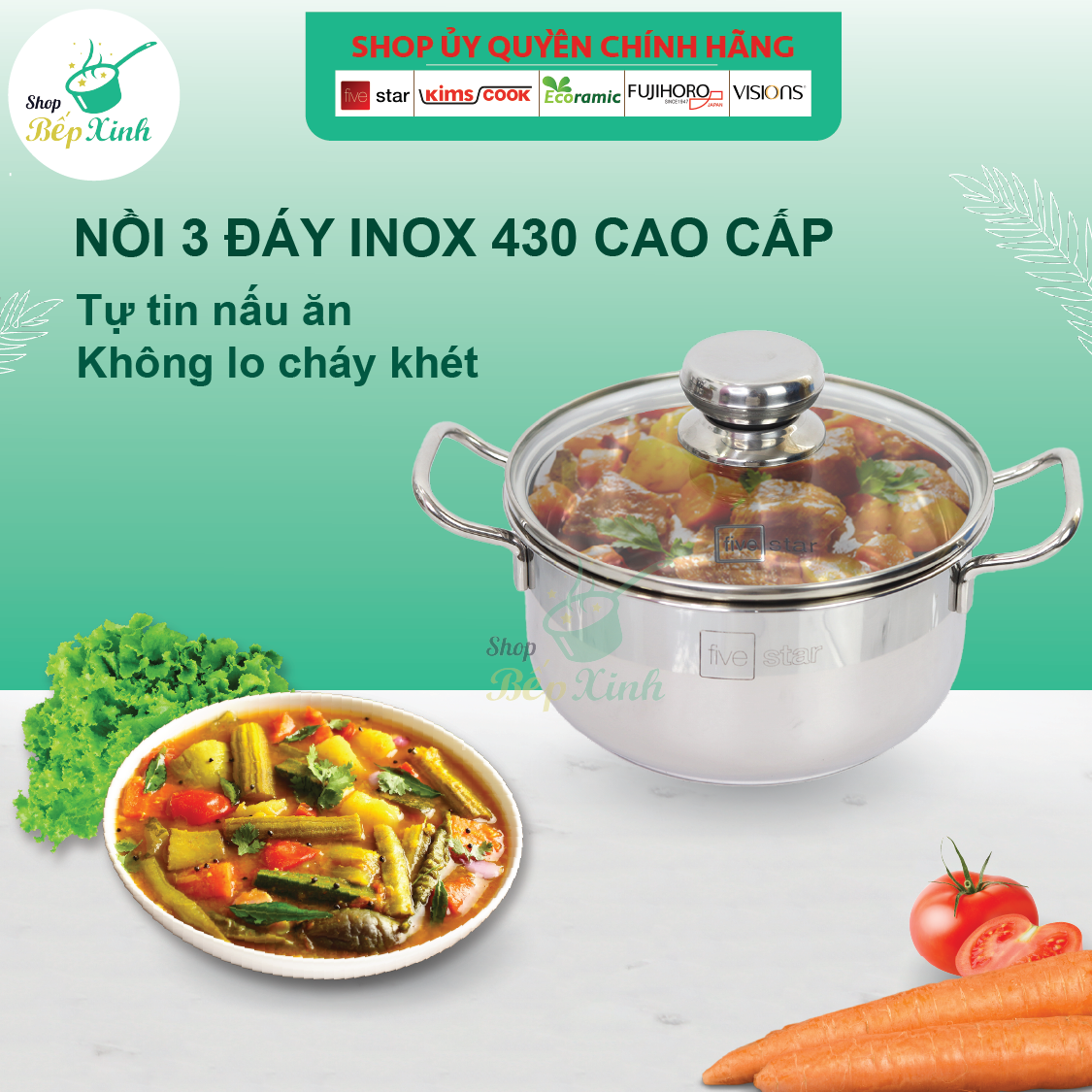 Nồi inox 430 bếp từ 3 đáy Sandwich FiveStar 24cm nắp kính