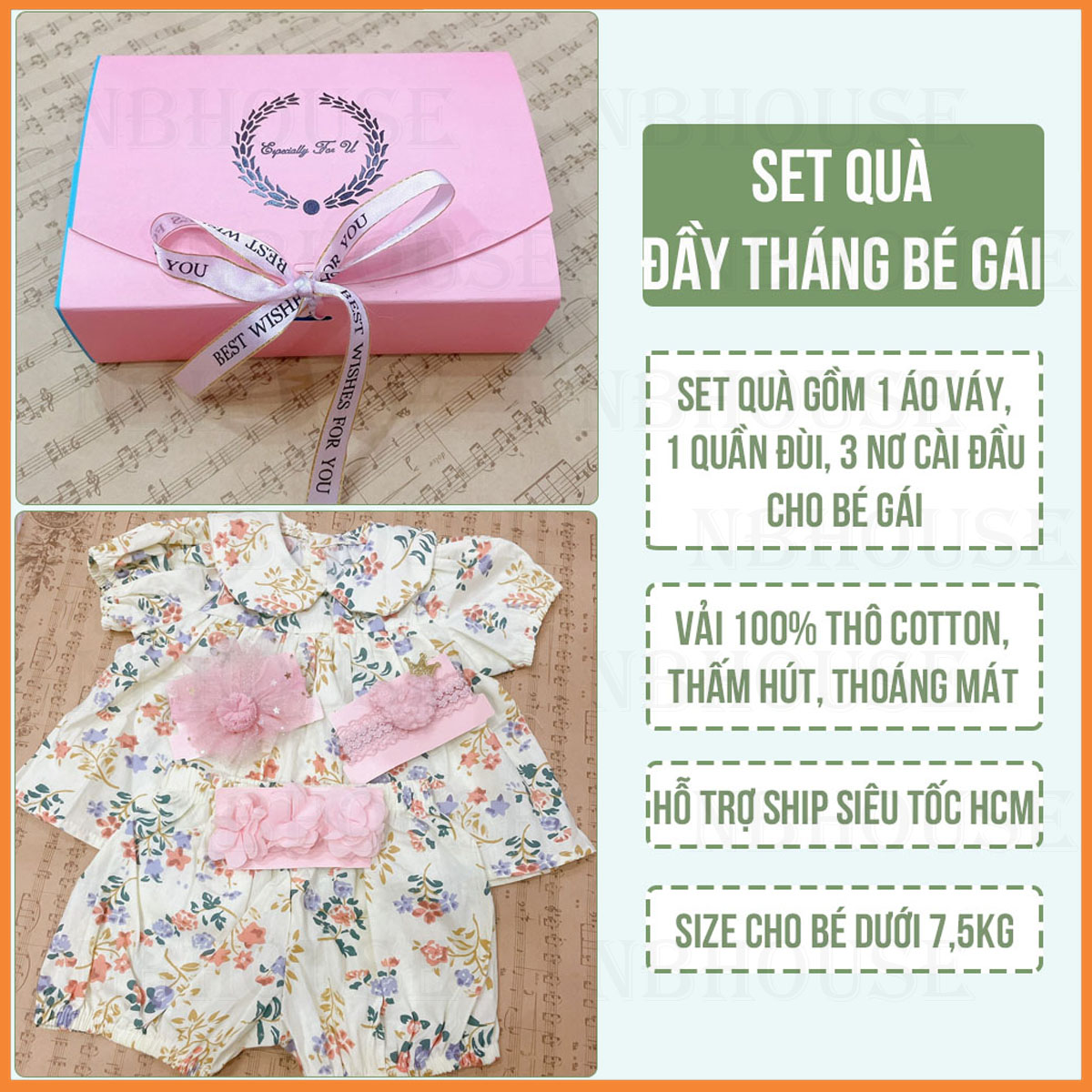 Set Quà Tặng Đầy Tháng Cho Bé Gái Gồm 1 Áo Váy, 1 Quần Đùi, 3 Nơ Đầu