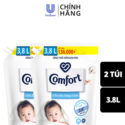 Combo 2 túi nước xả vải em bé Comfort cho da nhạy cảm với công thức riêng dịu nhẹ 100% nguồn gốc thực vật, Túi 3.8L