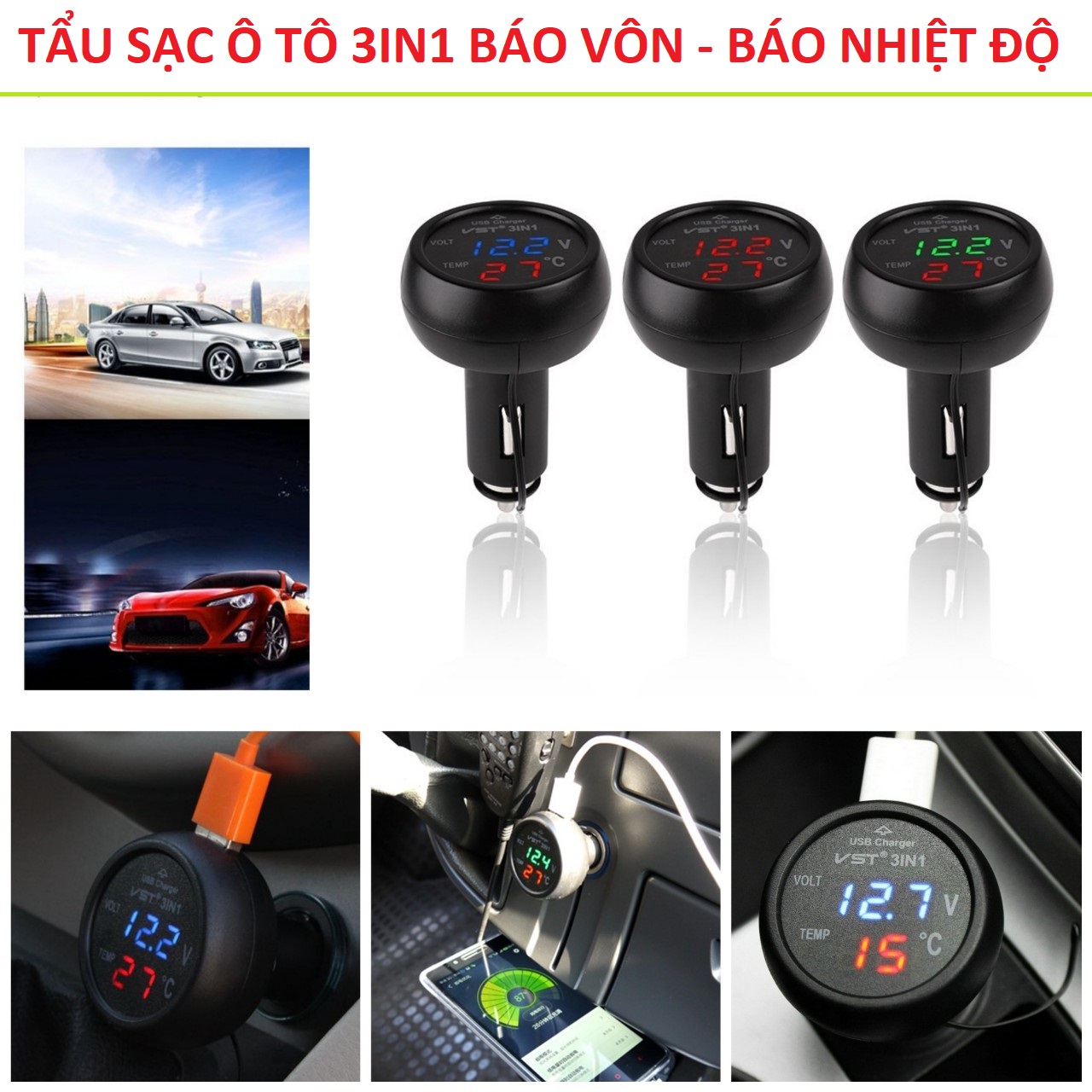 Tẩu sạc điện thoại ô tô 3in1 kèm đồng hồ đa năng báo nhiệt độ báo vôn ắc quy loại tốt mẫu mới