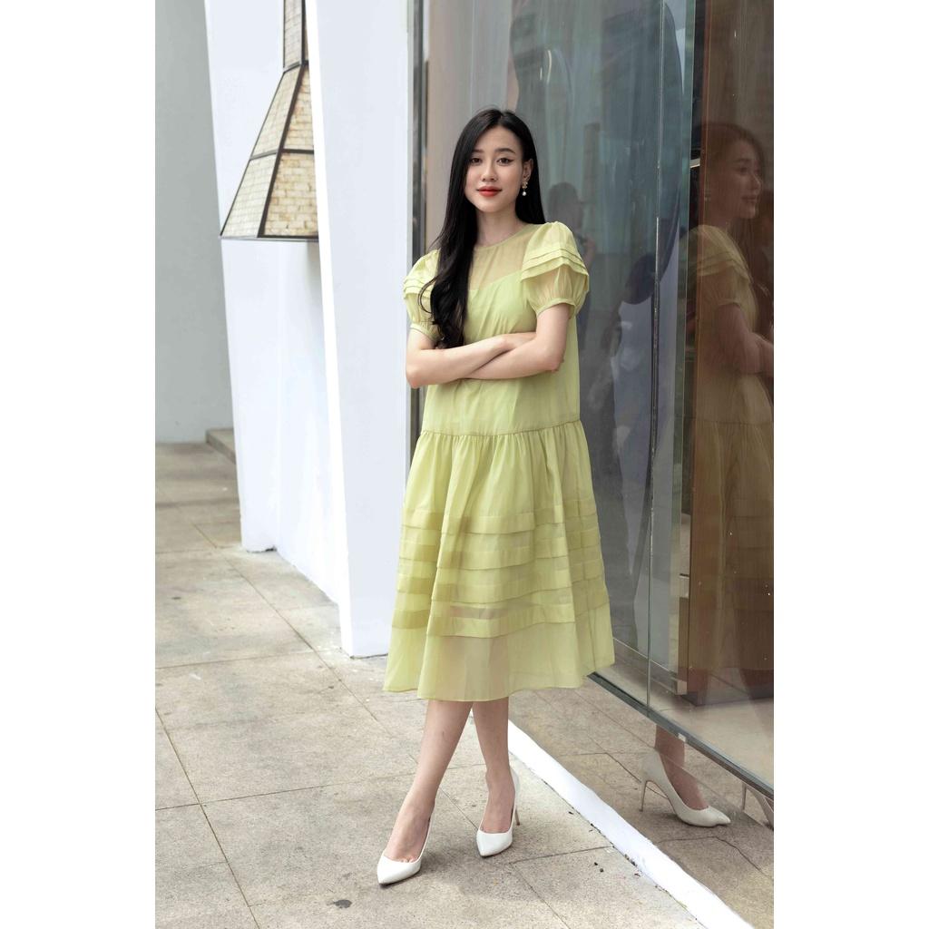 SHEAZ Đầm dáng baby xòe tơ màu xanh bơ cúc ngọc trai đá