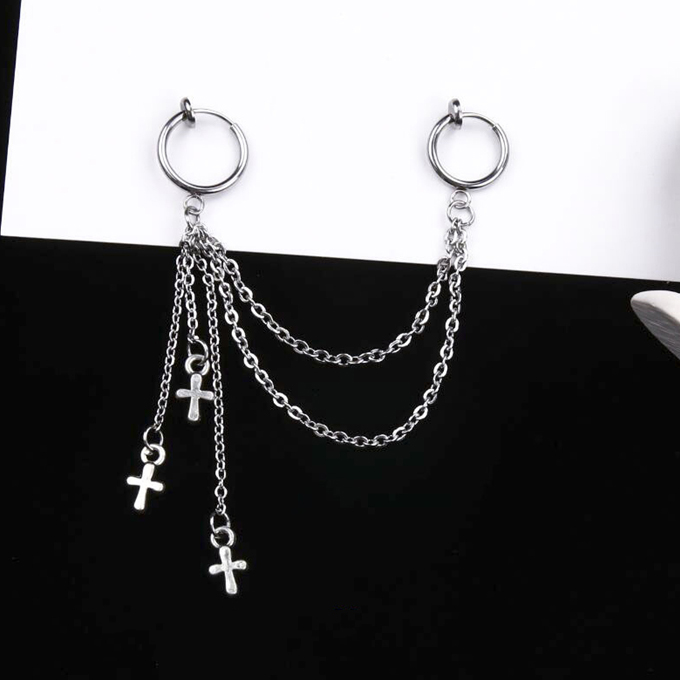 Bông tai khuyên tai idol chuỗi mắt xích dài thả 3 hình chữ thập style Unisex Hàn Quốc