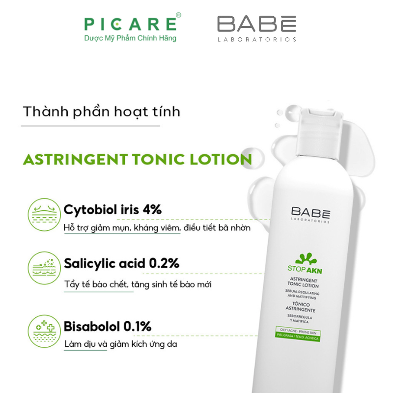 Toner Cân Bằng Dầu Nhờn, Hỗ Trợ Giảm Mụn, Se Khít Lỗ Chân Lông Babe Stop Akn Astringent Tonic Lotion 250ml