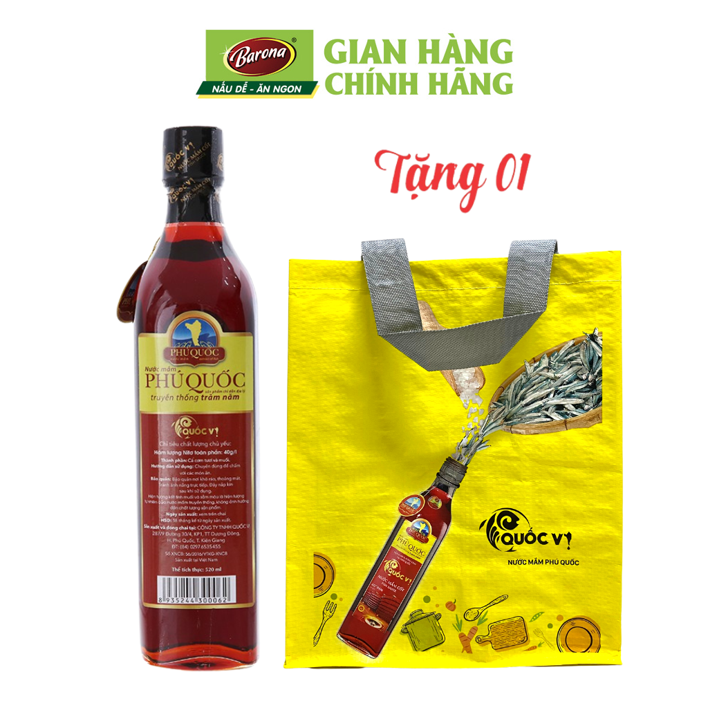 Mua 1 Chai Nước Mắm Cốt Phú Quốc Quốc Vị 40 độ đạm 520ml, Tặng túi thân thiện môi trường