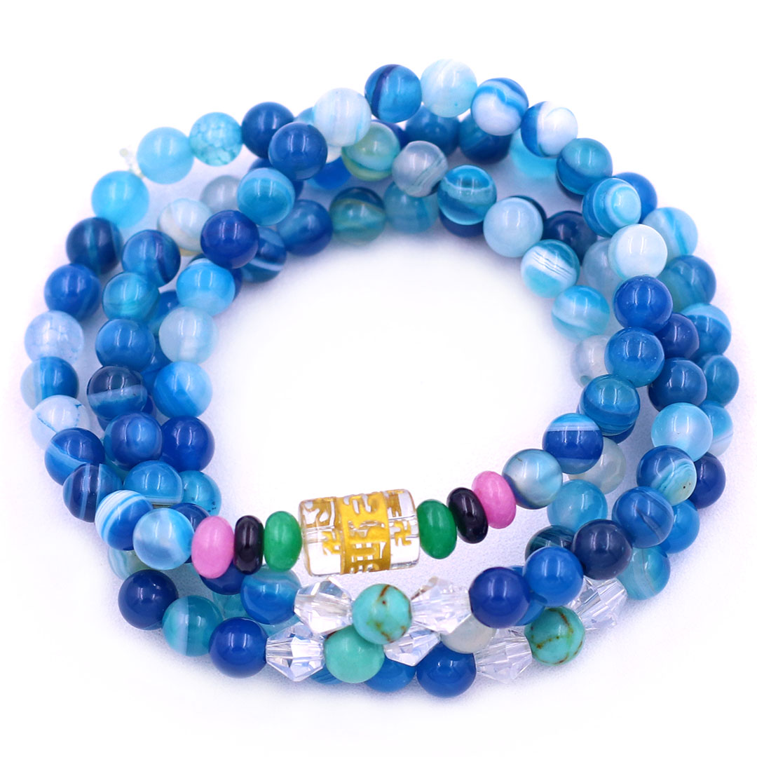Vòng chuỗi 108 hạt mã não xanh biển sọc 6 ly charm lục tự kim ngôn, vòng chuỗi niệm Phật, vòng chuỗi đeo tay