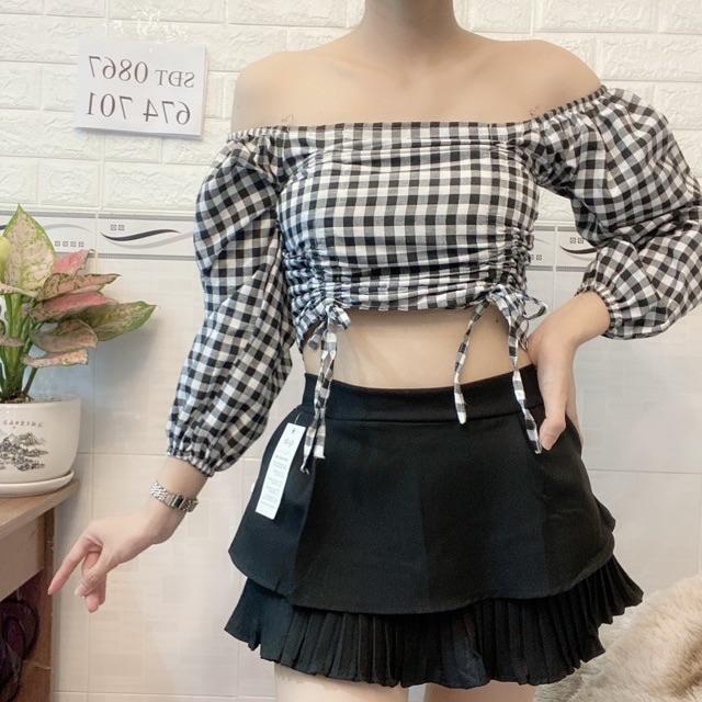 Áo tay dài phồng nhún eo vải kate