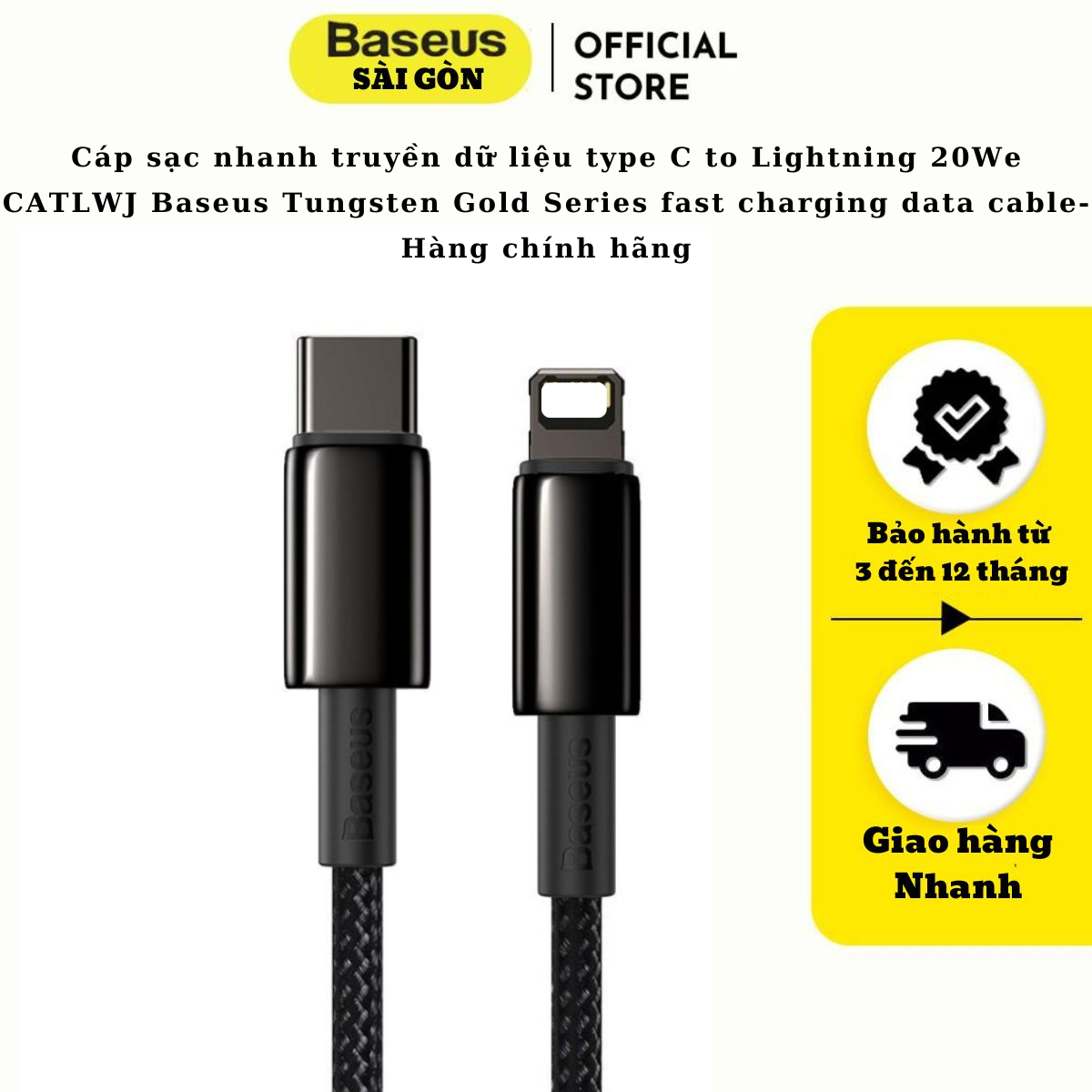 Cáp sạc nhanh truyền dữ liệu type C to Light-ning 20W cho I-phone CATLWJ Baseus Tungsten Gold Series fast charging data cable (20W, Fast Charging &amp; Data Cable)- Hàng chính hãng