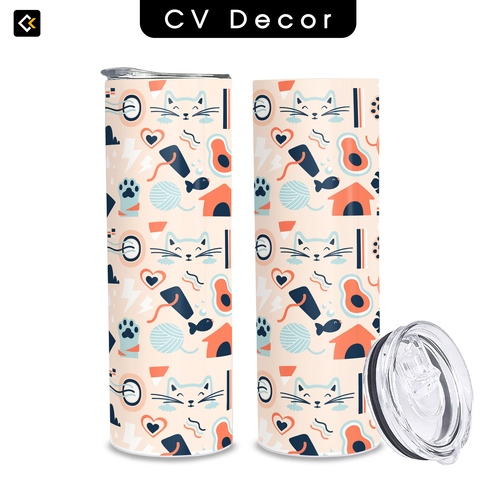 Bình Giữ Nhiệt Cute In Hình Mèo Trừu Tượng - Cốc Giữ Nhiệt In Hình Mèo Trừu Tượng - Bình Nước Giữ Nhiệt Hình Mèo 2 Lớp Thép Không Gỉ SUS304 - 600ml