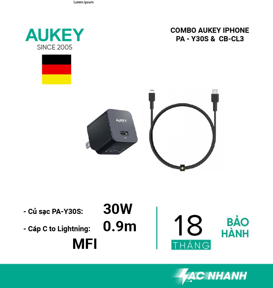 Bộ cáp và củ sạc Aukey cho Iphone PA-Y30s và CB-CL3 công suất 30W, MFI dài 9.0m -  hàng chính hãng