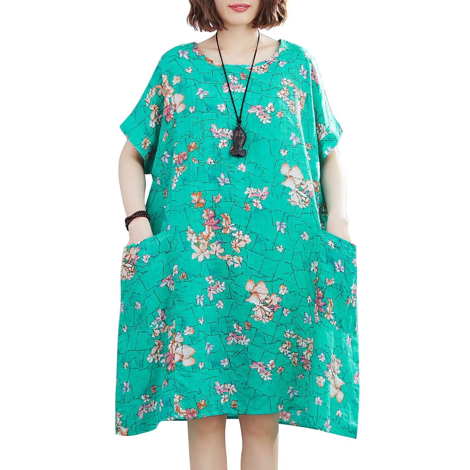 Women Loose Dress Vintage Floral Print Pockets Short Sleeve Oversized Holiday Boho Casual Shift Dress
