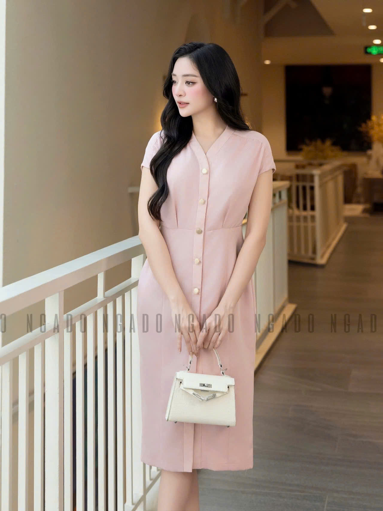 Đầm hồng nhạt cổ tim NGADO , đầm dự tiệc , đầm công sở