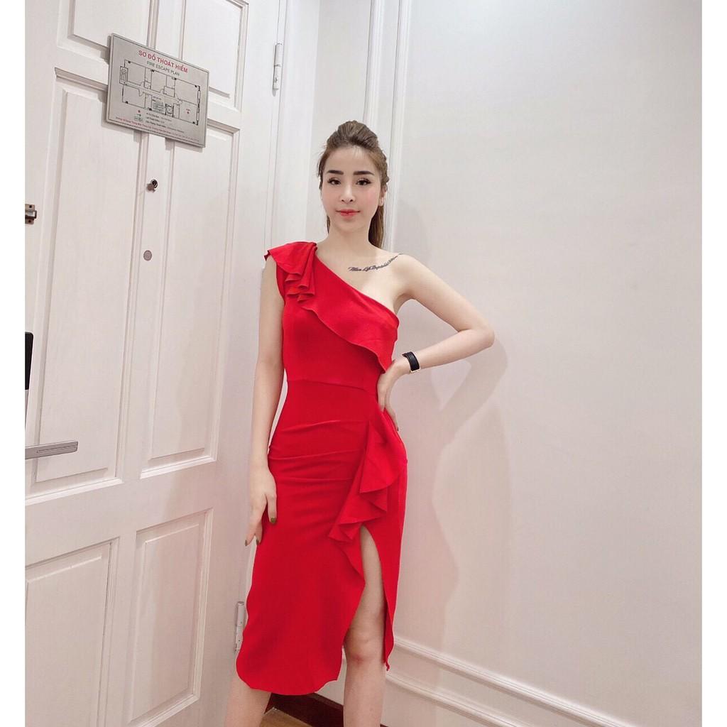 Đầm body dự tiệc lệch vai phối bèo